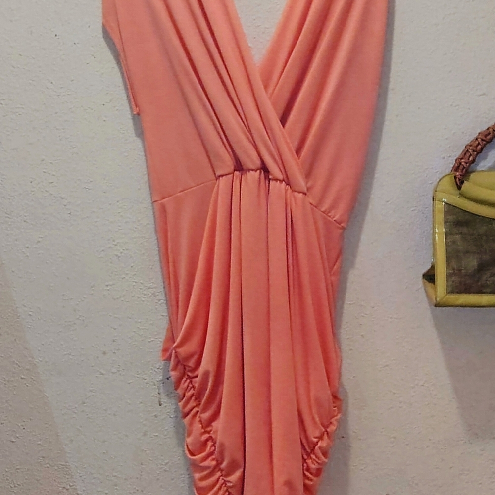 Grecian Goddesses Dress. Never Worn. NWOT. Asymmetrical Dress in Salmon Colour. - Picture 6 of 6